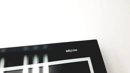 Black nexcom ippd2100p multimedia panel pc with glossy finish and white branding on top bezel