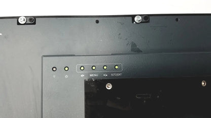 Black plastic back panel of nexcom ippd2100p multimedia panel pc with five illuminated green indicator lights and labeled buttons