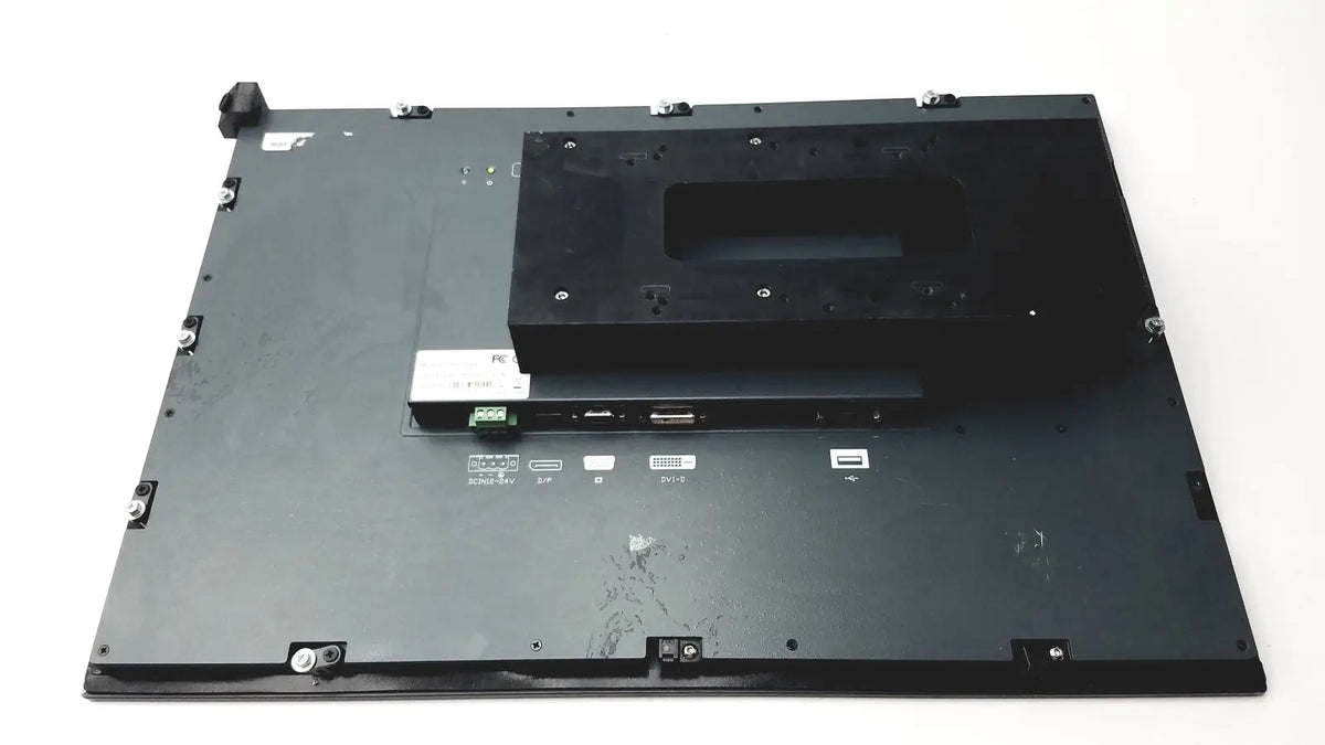 Black plastic back side of nexcom ippd2100p multimedia panel pc base with rectangular cutout and multiple ports along bottom edge