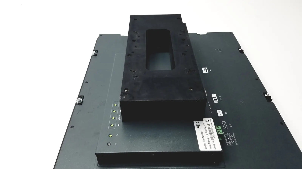 Black rectangular nexcom ippd2100p multimedia panel pc with central cutout and multiple ports labeled m401 on the side