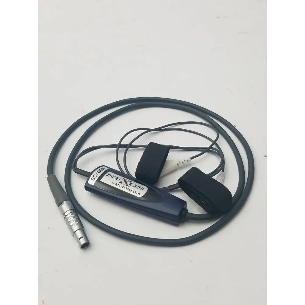 Nexus skin conductance sensor with black headband featuring adjustable straps and metallic connector for secure fit