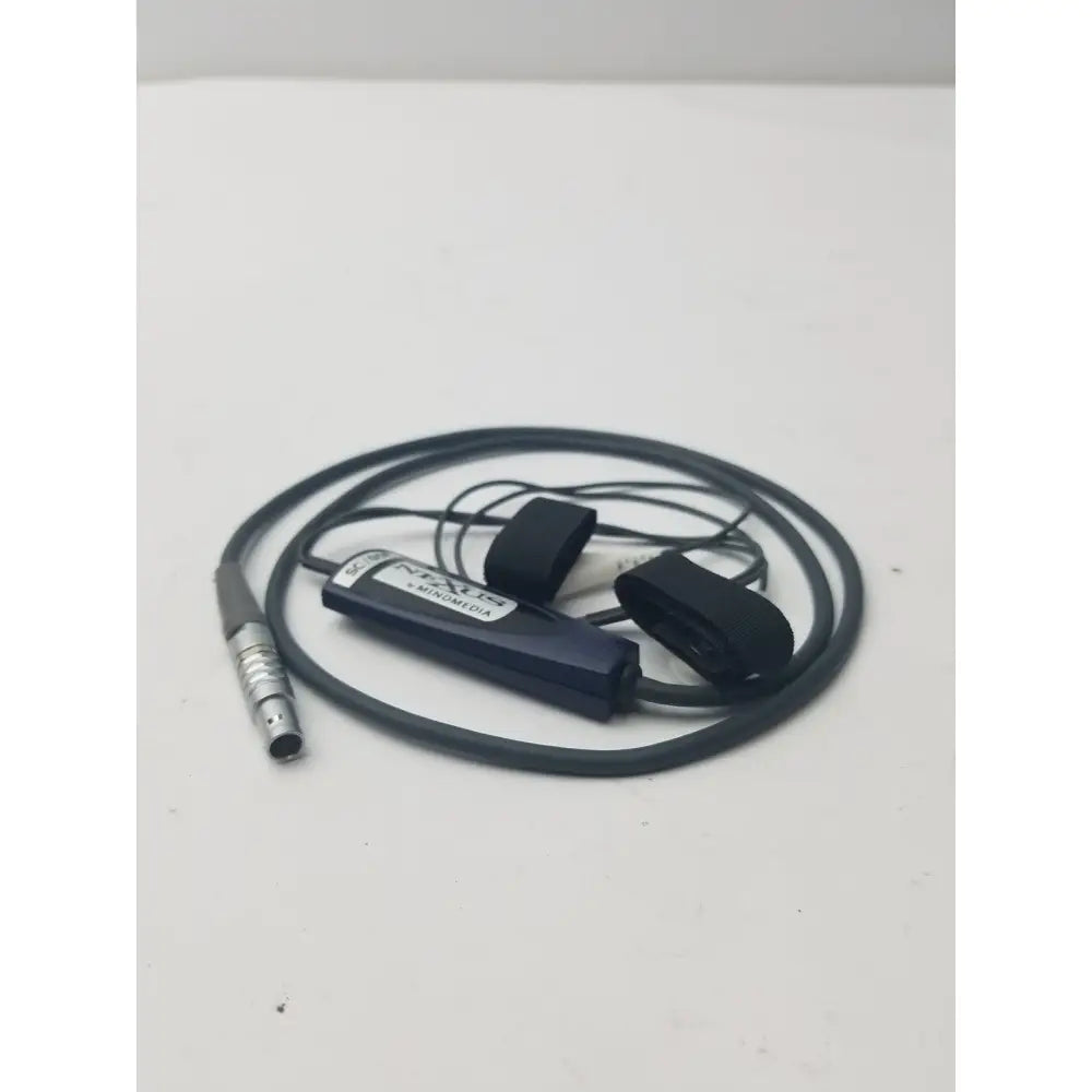 Black nexus skin conductance sensor cable with silver connector and two black elastic loops for secure attachment