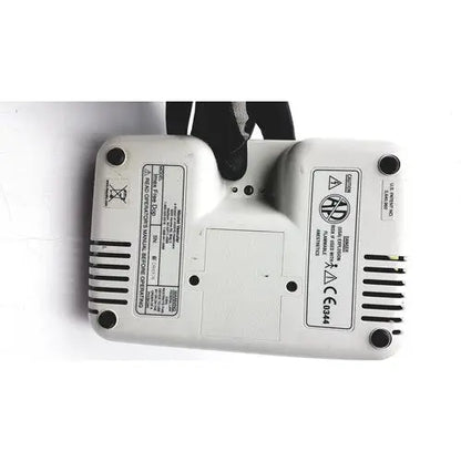 White plastic rear panel of nicolet vascular imex freedop ultrasound doppler with black ventilation slits and labels