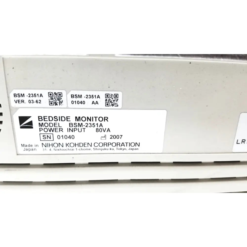 White plastic nihon kohden bsm-2351a bedside patient monitor showing power input of 80va on the back side