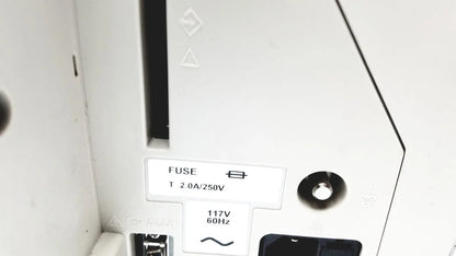 White plastic fuse holder labeled fuse t 2.0a 250v with 117v 60hz specs on the back of nihon kohden bsm-2351a bedside patient monitor