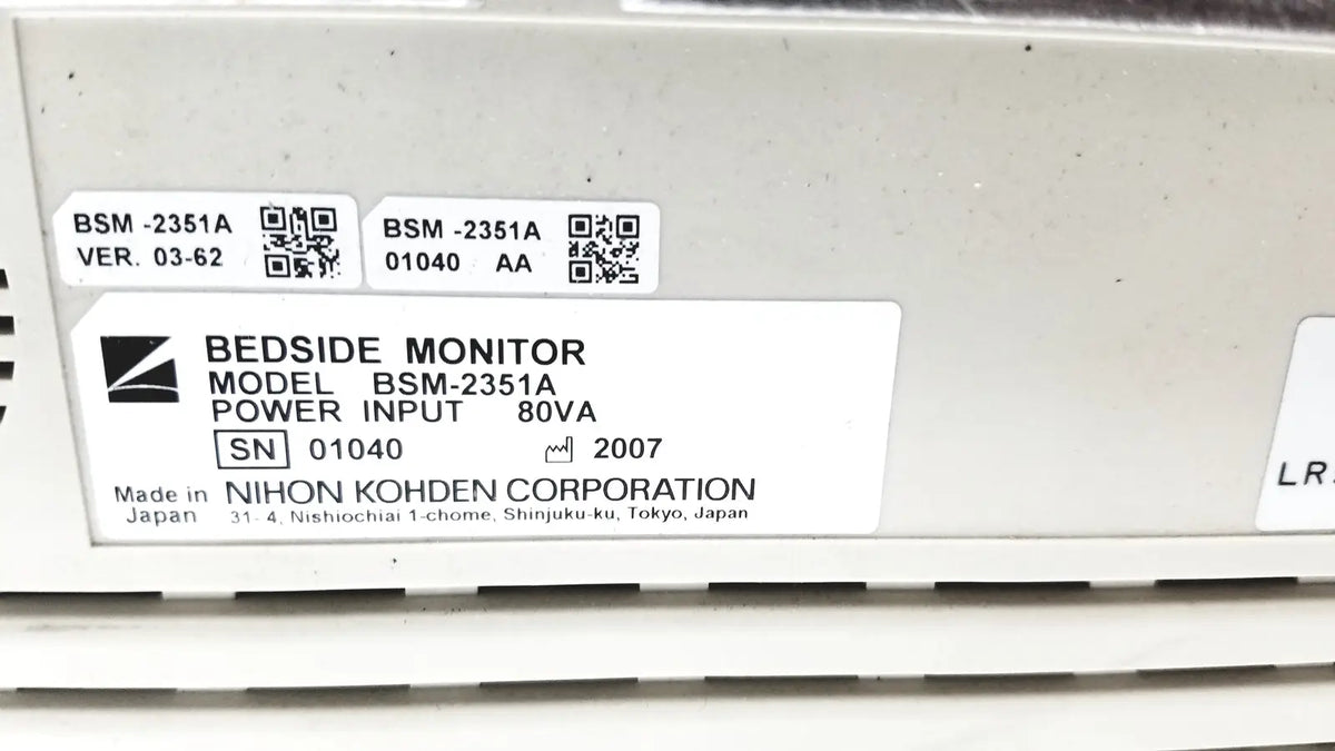 White plastic nihon kohden bsm-2351a bedside patient monitor showing power input of 80va on the back side