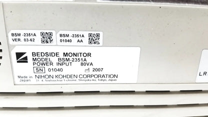 White plastic nihon kohden bsm-2351a bedside patient monitor showing power input of 80va on the back side