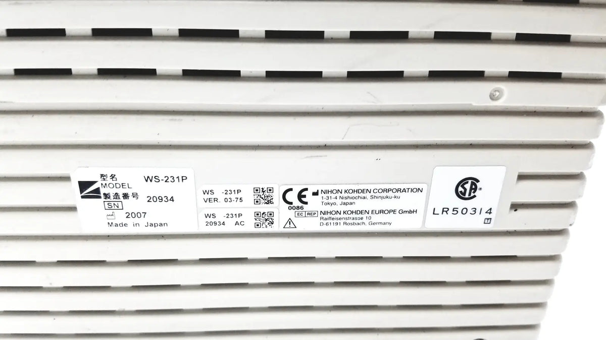White plastic ventilation grille with model ws-231p on the back side of nihon kohden bsm-2351a bedside patient monitor