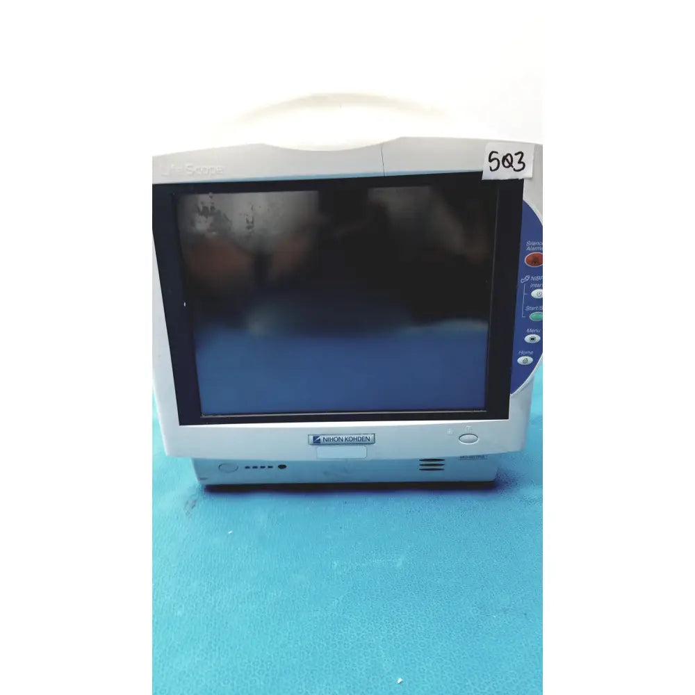 Silver Nihon Kohden life scope bedside patient monitor with black screen and blue display panel for medical use