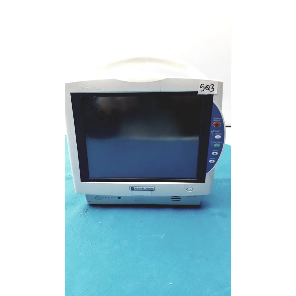 White and gray medtronic 503 life scope bedside patient monitor with black screen and blue control panel on the right side
