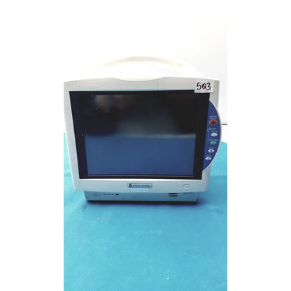 White and gray medtronic 503 life scope bedside patient monitor with black screen and blue control panel on the right side