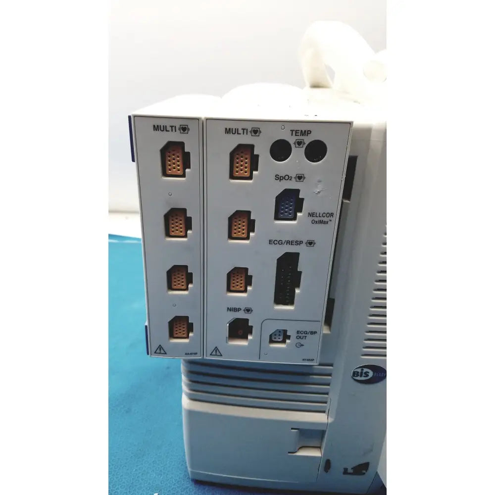 White nihon kohden bsm-6701a life scope bedside patient monitor module with labeled spo2 ecg resp and temp ports visible