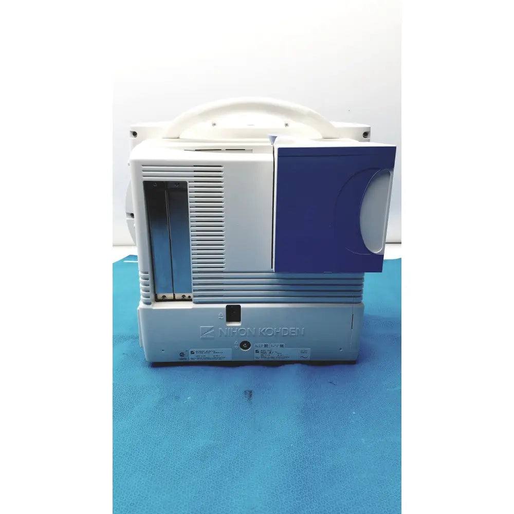 Nihon kohden lifescope bedside patient monitor with white and blue plastic casing and vertical slats on side panel