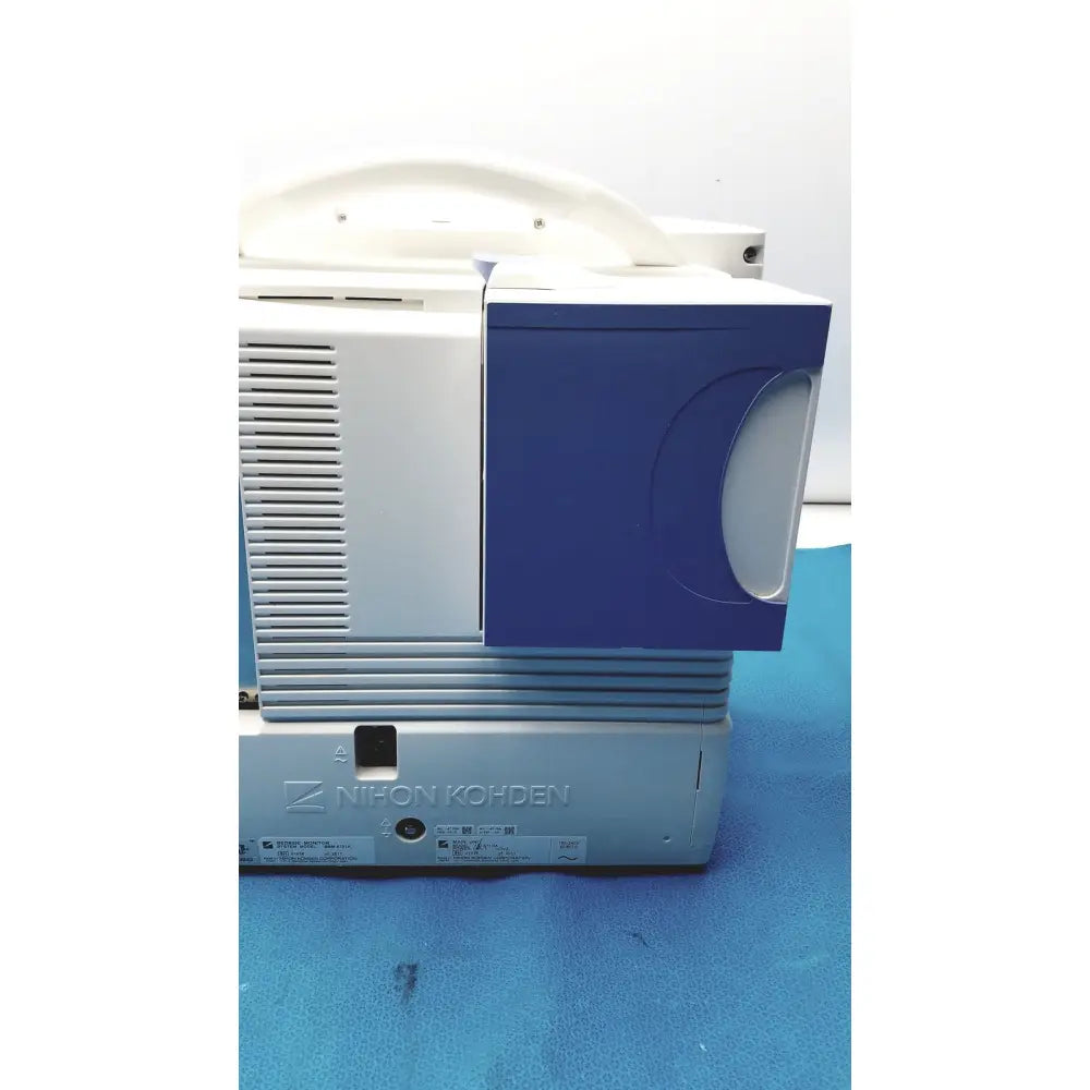 Nihon kohden lifescope bedside patient monitor with white and blue plastic casing for medical monitoring