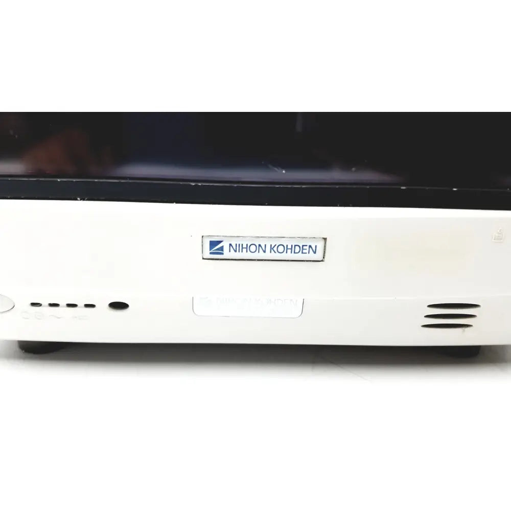 White nihon kohden life scope kohden life medical device with sleek rectangular design and black side ventilation slits bedside patient monitor