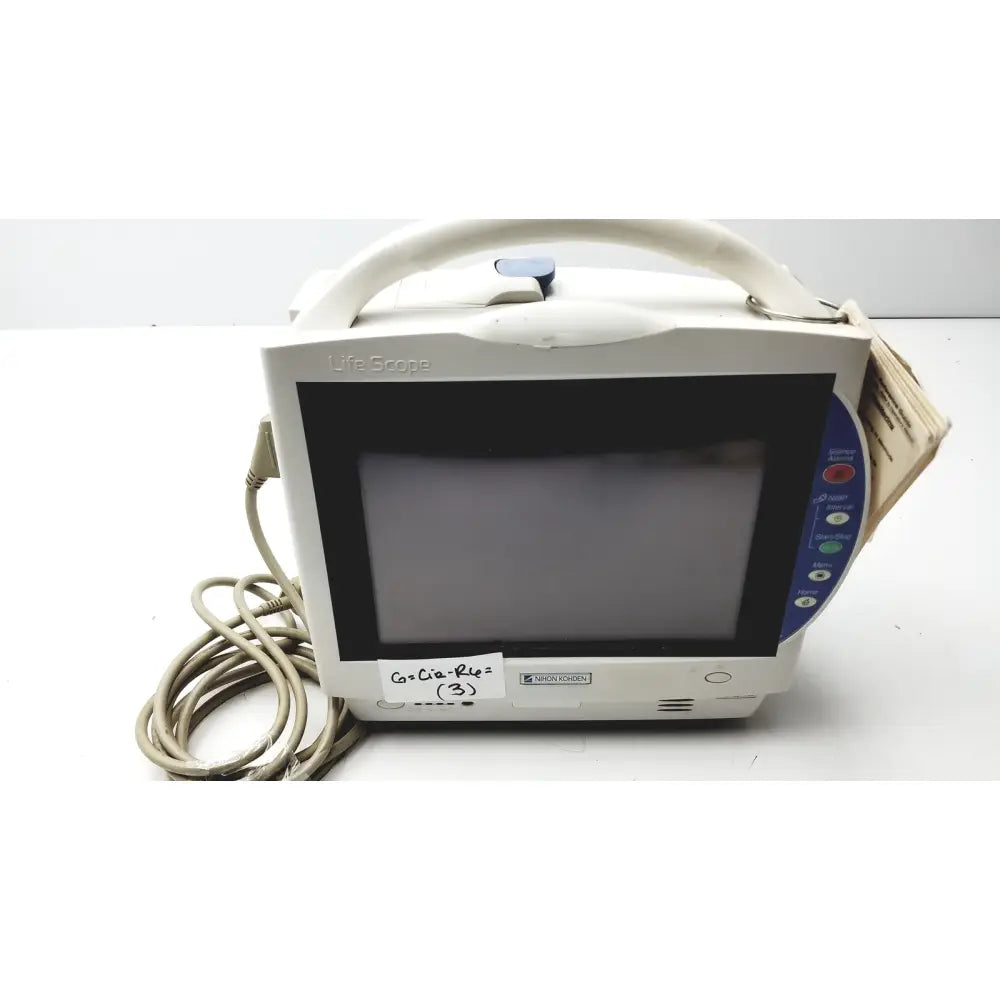 Nihon kohden life scope bsm-6301a bedside patient monitor with white curved handle blue control buttons and beige coiled cables