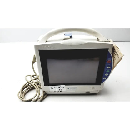 Nihon kohden life scope bsm-6301a bedside patient monitor with white curved handle blue control buttons and beige coiled cables