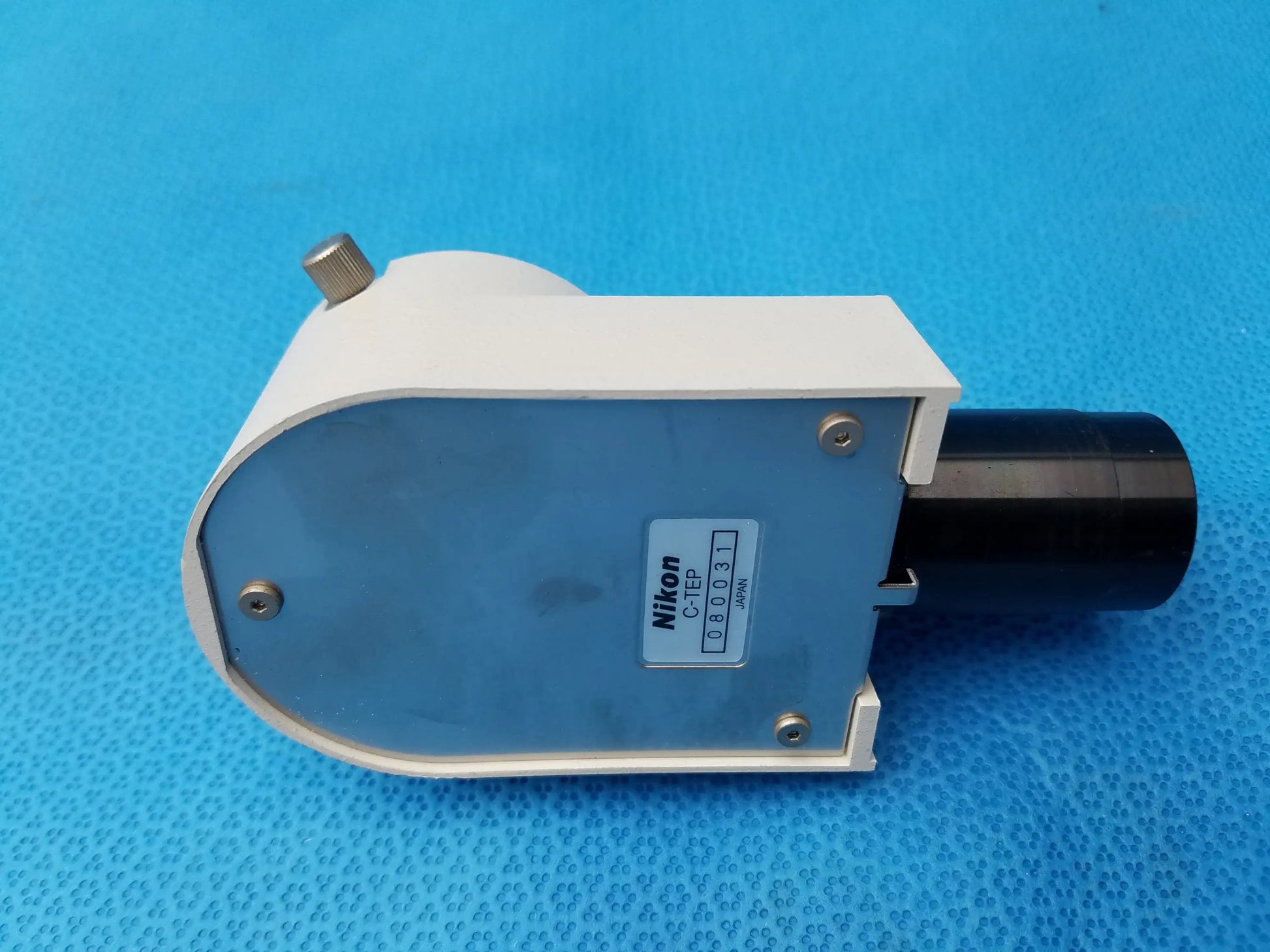 Nikon microscope c-tep camera adapter with white and blue housing and black cylindrical barrel compatible Nikon microscope camera adapter