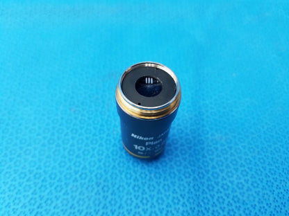 Nikon plan 10x 0.25 microscope objective lens with black body and gold metallic ring for compatible Nikon microscope systems