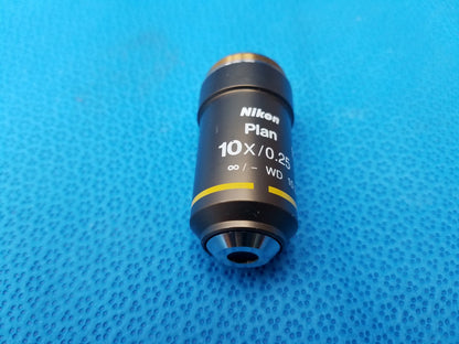 Black nikon plan 10x 0.25 microscope objective lens with yellow accent for compatible nikon microscope systems