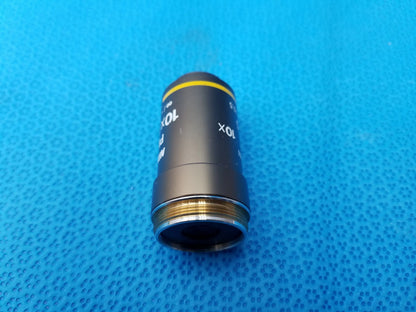 Black cylindrical Nikon Plan 10X/0.25 microscope objective lens with yellow band and gold threaded mount for compatible Nikon microscope systems