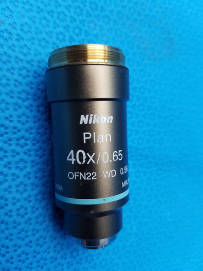 Black nikon plan 40x 0.65 objective lens with gold threaded top and teal stripe for compatible nikon microscope systems