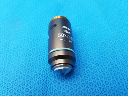 Nikon plan 50x microscope objective lens with black body and gold top ring compatible Nikon for oil immersion use