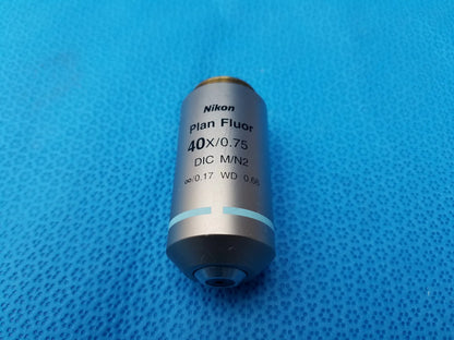 Nikon plan fluor 40x 0.75 microscope objective lens with metallic silver body and black labeling compatible nikon
