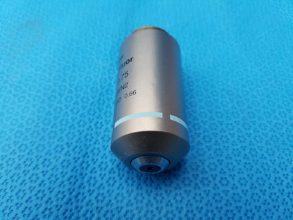 Silver metallic Nikon plan fluor 40x microscope objective lens with engraved markings and light blue stripe compatible Nikon