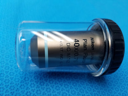 Nikon plan fluor 40x 0.75 dic m2 microscope objective lens with metallic barrel in clear casing compatible nikon