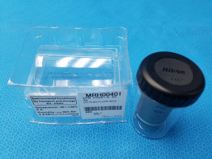 Nikon plan fluor 40x microscope objective with black cap and clear protective case compatible Nikon model mrh00401