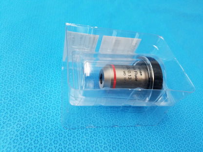 Nikon plan fluor metallic microscope objective with black threaded cap and red ring compatible Nikon model MRH00041