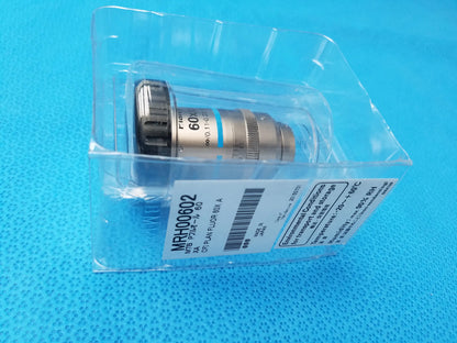 A metallic silver plan fluor microscope objective lens with black ring labeled 60x compatible Nikon MRH00602 model