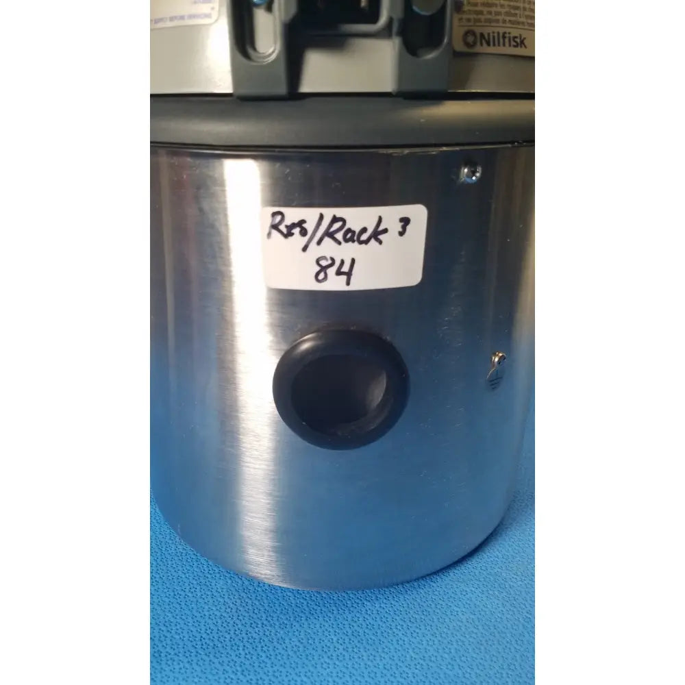 Silver cylindrical nilfisk hovermatt air supply unit with black port and white label for industrial use