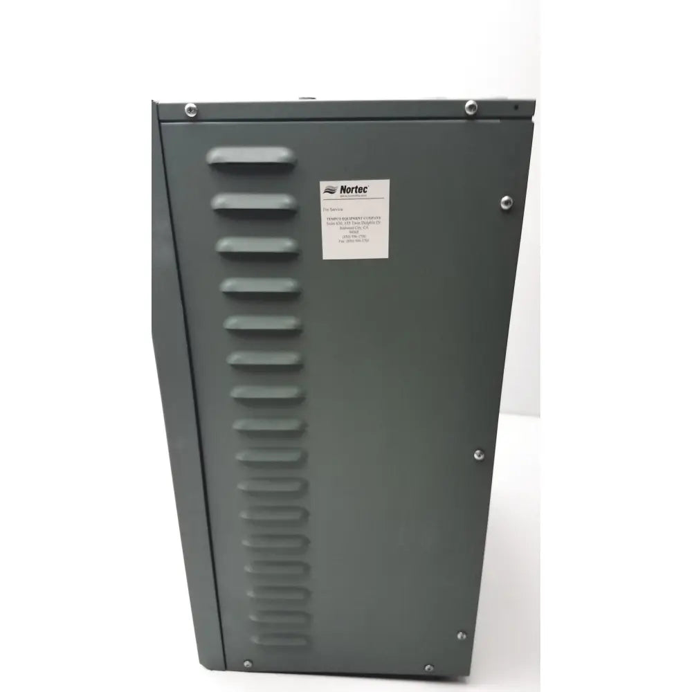 Dark gray metal nortec humidifier nhtc industrial control panel with vertical slats and white nortec label reuse medical