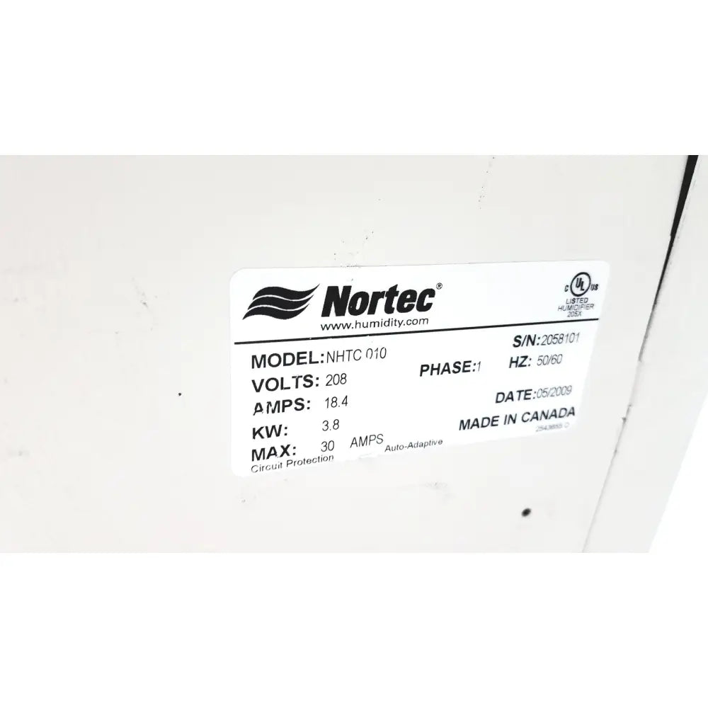 White rectangular label with black text and nortec logo showing product specifications for nortec humidifier nhtc 010 volts 208 made in canada untested