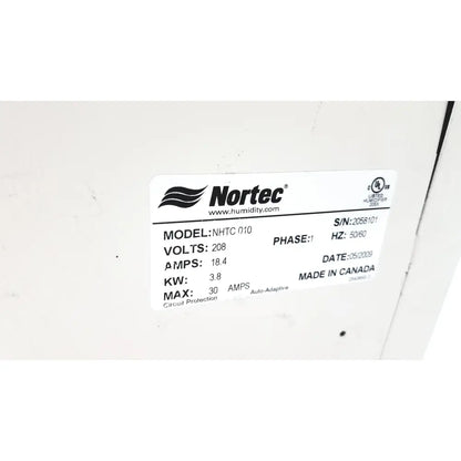 White rectangular label with black text and nortec logo showing product specifications for nortec humidifier nhtc 010 volts 208 made in canada untested