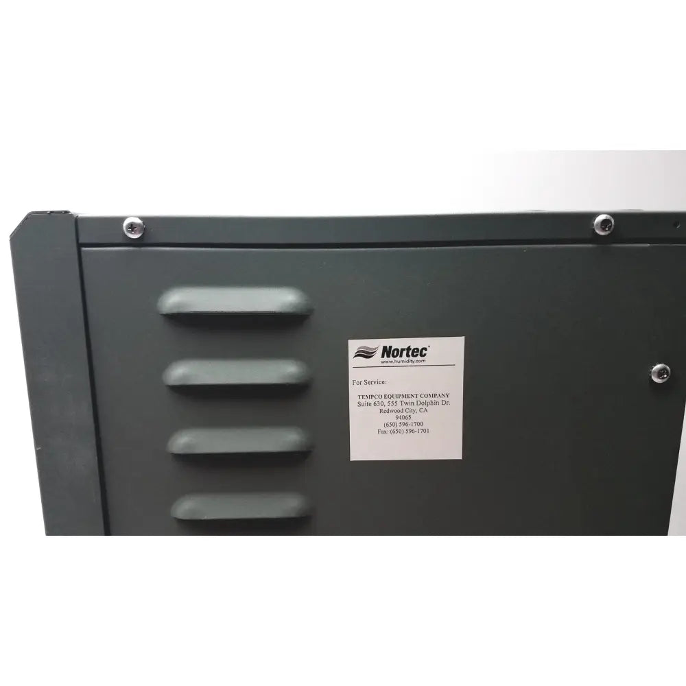 Dark gray metal industrial nortec humidifier nhtc cabinet with ventilation slats and white nortec label volts 208
