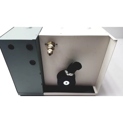 Back side of nortec humidifier nhtc showing black rubber hose with metallic clamp and brass fitting on gray metal box