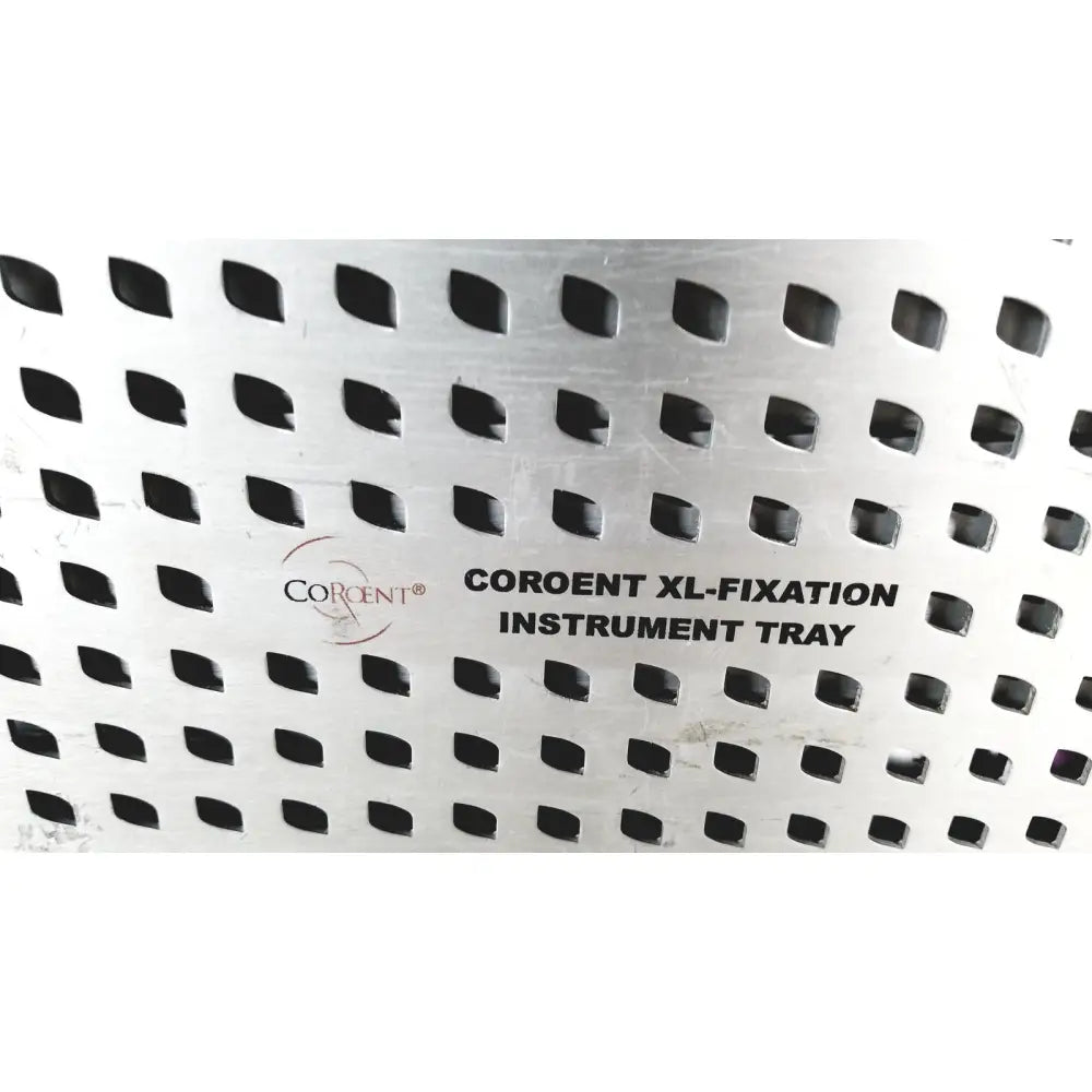 Silver metallic innovation coroent xl-fixation instrument tray with perforated grid by nuvasive speed