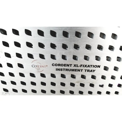Silver metallic innovation coroent xl-fixation instrument tray with perforated grid by nuvasive speed