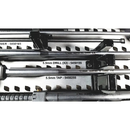 Silver 5.5mm drill bit with black handle and engraved markings in nuvasive speed innovation coroent xl-fixation tray model 5450155