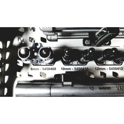 Silver surgical drill bits with labeled sizes arranged in a metal tray for nuvasive speed innovation coroent xl-fixation