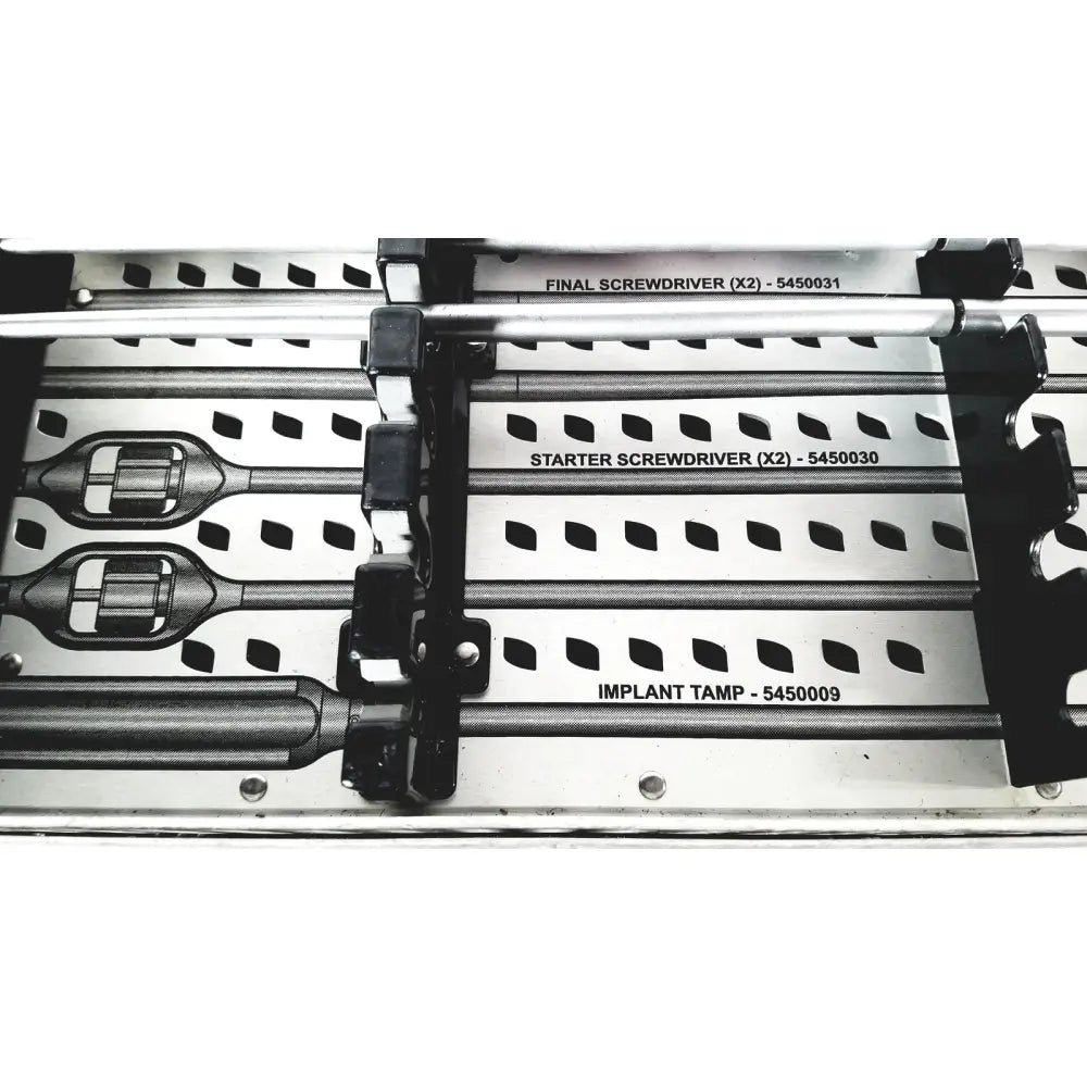 Silver metal screwdriver storage tray with black clips and labeled compartments for nuvasive speed innovation coroent xl-fixation tools