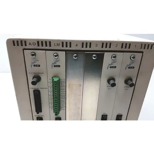 Beige metal industrial oem esa coulochem ii electrochemical detector control panel with labeled sections and knobs