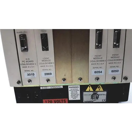 Beige oem esa coulochem ii electrochemical detector model 5200a control panel with labeled modules and 120 volt warning label