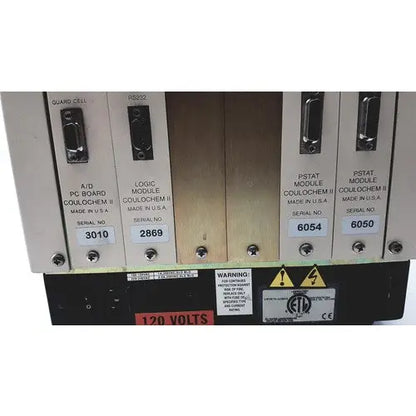 Beige oem esa coulochem ii electrochemical detector model 5200a control panel with labeled modules and 120 volt warning label
