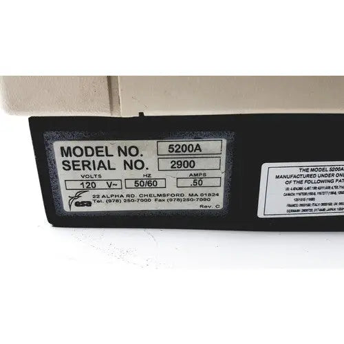 Black rectangular label with white text showing model number 5200a and serial number 2900 on oem esa coulochem ii electrochemical detector model