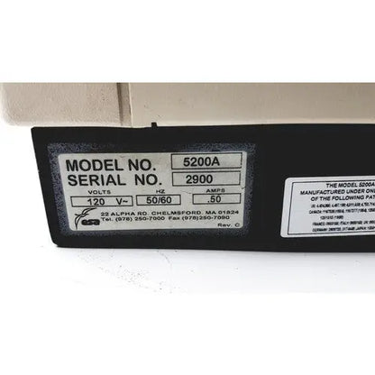 Black rectangular label with white text showing model number 5200a and serial number 2900 on oem esa coulochem ii electrochemical detector model