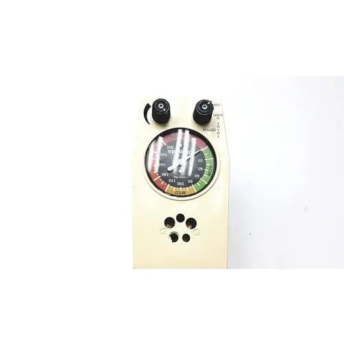 Cream-colored ohio medical products intermittent suction unit handheld device with black rotary dials and circular gauge